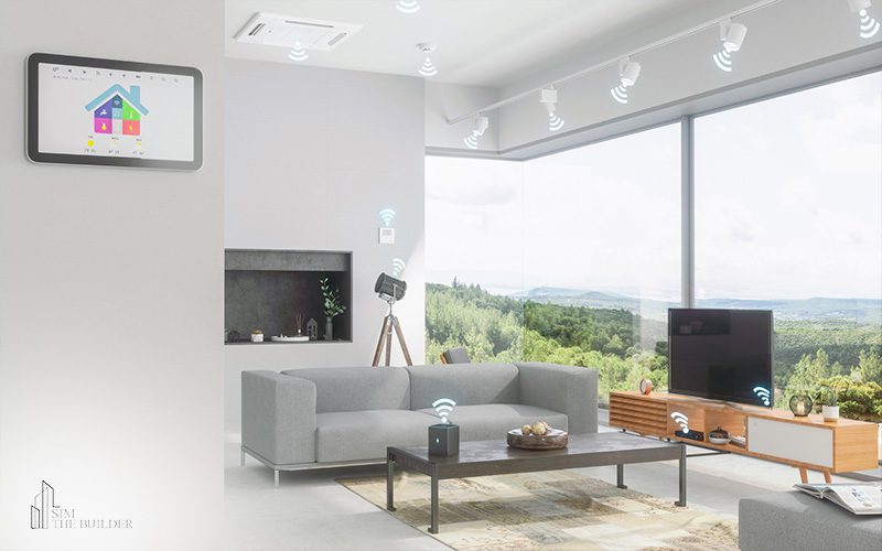 Smart home technology setup in a living room with connected devices